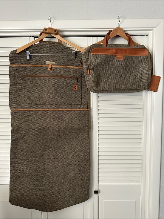 Hartmann Other - Vintage Travel Set Garment Bag & Carry Case in Brown Tweed with Leather Trim EUC